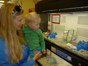 Adria and Amanda looking at the white mice Adria and Amanda looking at the white mice