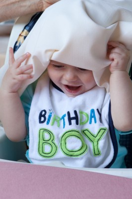 Austin with a napkin on his head
