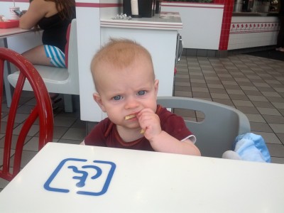 He actually did manage to gnosh a few fries down